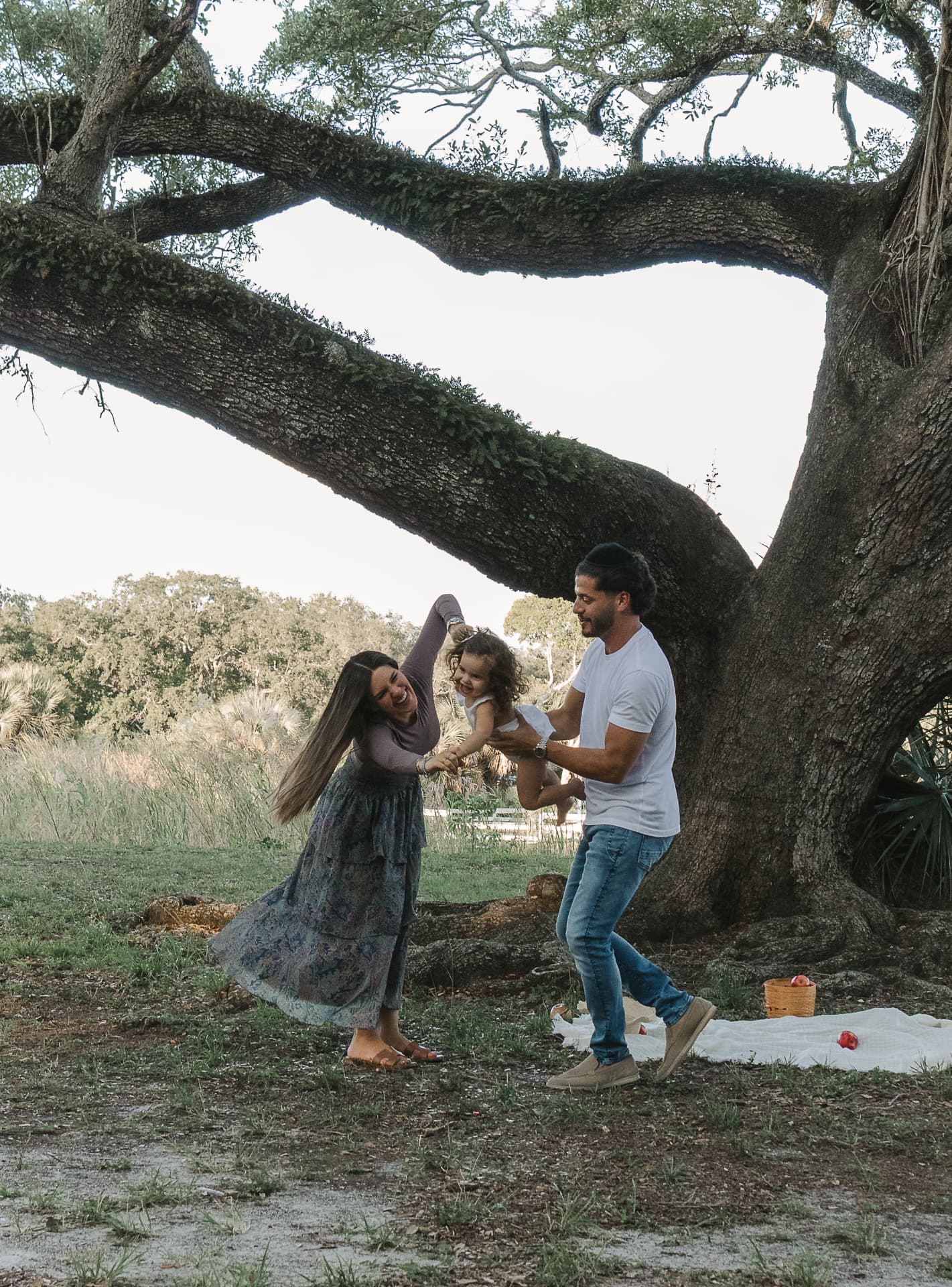 parents swinging their small daughter beneath a very large oak tree